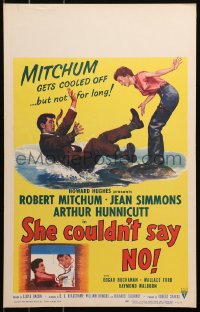 4k0372 SHE COULDN'T SAY NO WC 1954 sexy short-haired Jean Simmons by Dr. Robert Mitchum falling!