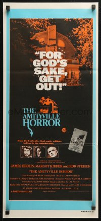 4m0343 AMITYVILLE HORROR Aust daybill 1979 great image of haunted house, for God's sake get out!