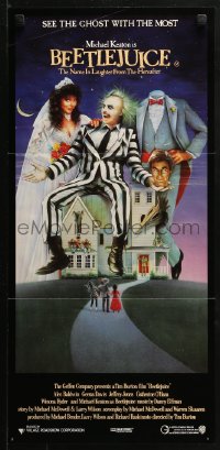 4m0350 BEETLEJUICE Aust daybill 1988 Tim Burton, Ramsey art of Keaton, Baldwin & Geena Davis!