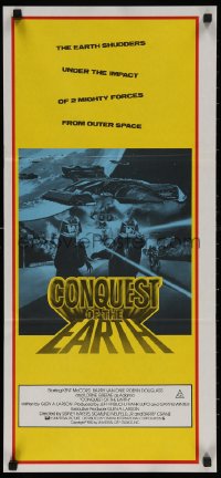 4m0382 CONQUEST OF THE EARTH Aust daybill 1980 great image of wacky aliens terrorizing Hollywood!