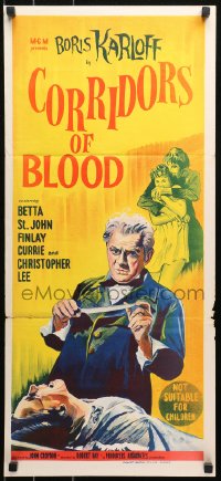 4m0383 CORRIDORS OF BLOOD Aust daybill 1963 Boris Karloff, Christopher Lee, different & ultra rare!
