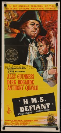 4m0386 DAMN THE DEFIANT Aust daybill 1962 completely different art of Alec Guinness & Dirk Bogarde!