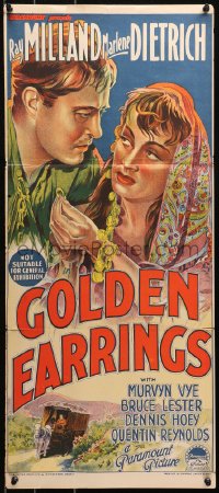 4m0422 GOLDEN EARRINGS Aust daybill 1947 Richardson Studio art of gypsy Marlene Dietrich & Milland!