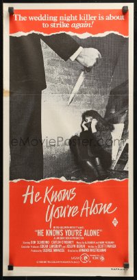 4m0425 HE KNOWS YOU'RE ALONE Aust daybill 1981 different image of scared girl staring at knife!