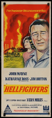 4m0427 HELLFIGHTERS Aust daybill 1969 art of John Wayne as fireman Red Adair & Katharine Ross!