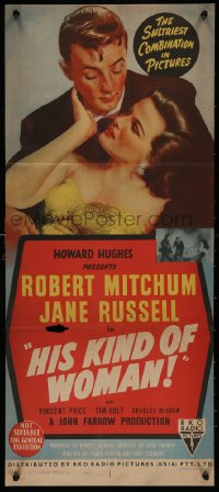 4m0428 HIS KIND OF WOMAN Aust daybill 1951 Robert Mitchum, sexy Jane Russell, Hughes, ultra rare!