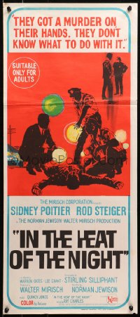 4m0440 IN THE HEAT OF THE NIGHT Aust daybill 1967 Sidney Poitier, Rod Steiger, cool crime art!