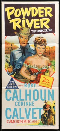 4m0484 POWDER RIVER Aust daybill 1953 art of cowboy Rory Calhoun & super sexy Corinne Calvet holding gun!