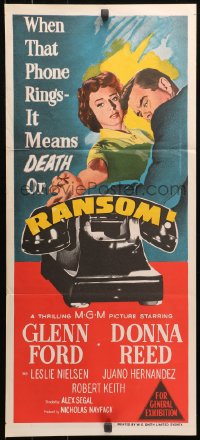 4m0487 RANSOM Aust daybill 1956 great image of Glenn Ford & Donna Reed waiting for call!