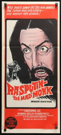 4m0488 RASPUTIN THE MAD MONK Aust daybill 1966 Hammer horror, art of crazed Christopher Lee!