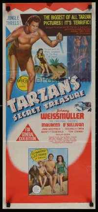 4m0524 TARZAN'S SECRET TREASURE Aust daybill R1957 images of Johnny Weissmuller & Maureen O'Sullivan!