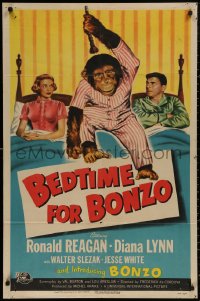 4m0644 BEDTIME FOR BONZO 1sh 1951 wacky chimpanzee on bed between Ronald Reagan & Diana Lynn, rare!