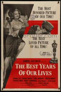 4m0650 BEST YEARS OF OUR LIVES 1sh R1954 Myrna Loy hugs Fredric March, sexy Virginia Mayo!