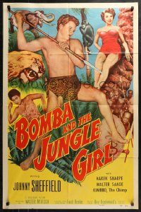 4m0676 BOMBA & THE JUNGLE GIRL 1sh 1953 c/u of Johnny Sheffield with spear & sexy Karen Sharpe!
