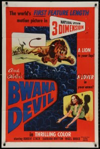 4m0698 BWANA DEVIL 3D 1sh 1953 lion leaping off the screen & Britton reaching out to audience!