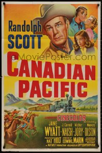 4m0702 CANADIAN PACIFIC 1sh 1949 wonderful colorful art of cowboy Randolph Scott, Jane Wyatt!