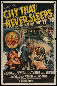 4m0723 CITY THAT NEVER SLEEPS 1sh 1953 great art of gunfight under elevated train in Chicago!