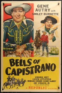4m0866 GENE AUTRY 1sh 1947 western cowboy art of him and Smailey Burnette, Bells of Capistrano!