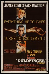 4m0887 GOLDFINGER 1sh 1964 three great images of Sean Connery as James Bond 007 with glossy finish!