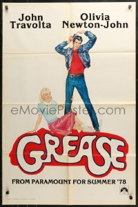 4m0895 GREASE teaser 1sh 1978 Fennimore art of John Travolta & Olivia Newton-John, classic!