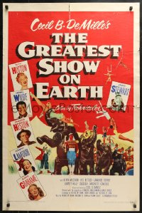 4m0897 GREATEST SHOW ON EARTH 1sh 1952 best image of James Stewart, Betty Hutton & Emmett Kelly!
