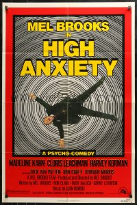 4m0921 HIGH ANXIETY 1sh 1977 Mel Brooks, great Vertigo spoof design, a Psycho-Comedy!