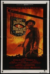 4m0924 HIGH PLAINS DRIFTER 1sh 1973 classic Ron Lesser art of Clint Eastwood holding gun & whip!