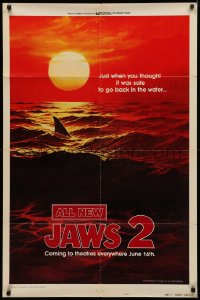4m0959 JAWS 2 style B teaser 1sh 1978 classic art of man-eating shark's fin in red water at sunset!
