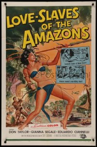 4m1017 LOVE-SLAVES OF THE AMAZONS 1sh 1957 Reynold Brown art of sexy female native with spear!