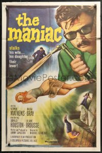 4m1039 MANIAC 1sh 1963 Kerwin Mathews, Hammer, he stalks his wife, his daughter, their lover!