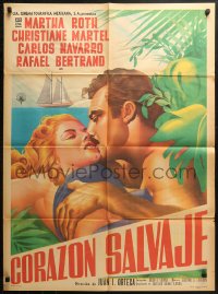 4m0130 CORAZON SALVAJE Mexican poster 1956 close up artwork of lovers with ship in background!