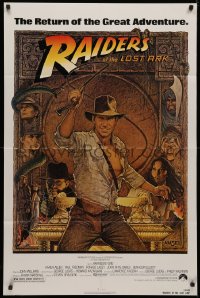 4m1147 RAIDERS OF THE LOST ARK 1sh R1982 great Richard Amsel art of adventurer Harrison Ford!
