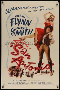 4m1184 SAN ANTONIO 1sh 1945 great full-length image of Alexis Smith on Errol Flynn's shoulder!