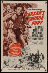 4m1261 TARZAN'S SAVAGE FURY 1sh R1957 art of Lex Barker & Dorothy Hart, Edgar Rice Burroughs