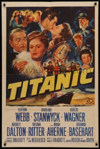 4m1285 TITANIC 1sh 1953 great artwork of Clifton Webb, Barbara Stanwyck & legendary ship!