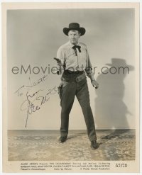 4p0383 JOEL McCREA signed 8x10 still 1957 full-length cowboy portrait w/ gun drawn in The Oklahoman!