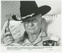 4p0384 JOHN GIELGUD signed 8x9.25 still 1981 as the wise & witty wrangler with pistol in Arthur!