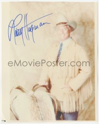 4p0529 LARRY HAGMAN signed color 7.75x9.75 REPRO still 1990s smiling as J.R. Ewing from TV's Dallas!