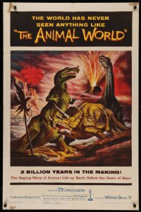 4p0039 ANIMAL WORLD signed 1sh 1956 by FX master Ray Harryhausen, great art of dinosaurs & volcano!