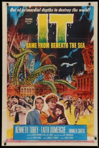 4p0088 IT CAME FROM BENEATH THE SEA signed 1sh 1955 by FX master Ray Harryhausen, cool art!