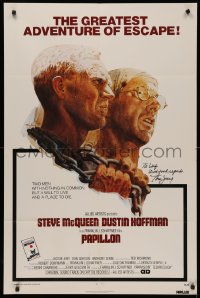 4p0107 PAPILLON signed 1sh 1973 by artist Tom Jung, great art of Steve McQueen & Dustin Hoffman!