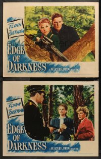 4r0689 EDGE OF DARKNESS 2 LCs 1943 great images of Errol Flynn & gorgeous Ann Sheridan, one w/rifle!