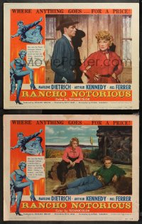 4r0752 RANCHO NOTORIOUS 2 LCs 1952 Fritz Lang directed, sexy Marlene Dietrich, Mel Ferrer!
