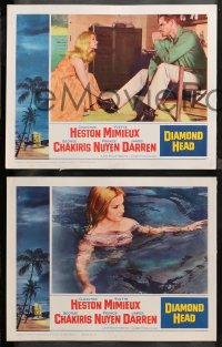 4r0379 DIAMOND HEAD 7 LCs 1962 Charlton Heston, Yvette Mimieux, cool border art of Hawaiian volcano!