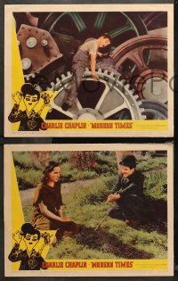4r0392 MODERN TIMES 7 LCs R1959 classic images of Charlie Chaplin, Paulette Goddard, gears!
