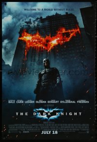 4s0891 DARK KNIGHT int'l advance DS 1sh 2008 Christian Bale as Batman in front of burning bat symbol!