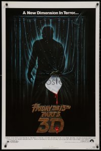 4s0930 FRIDAY THE 13th PART 3 - 3D 1sh 1982 slasher sequel, art of Jason stabbing through shower!