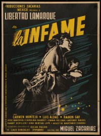 4s0367 LA INFAME Mexican poster 1954 cool artwork of mother running & holding child by Josep Renau!