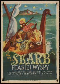 4s0513 TREASURE OF BIRD ISLAND Polish 24x34 1953 Szancer art of man with too much loot in his boat!