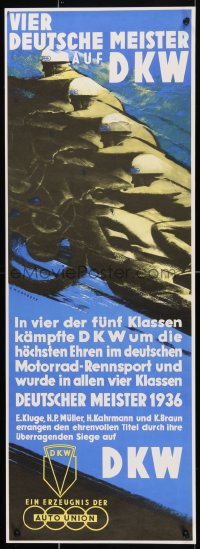 4s0275 DKW 13x36 German commercial poster 1980s V. Mundorff art of men on speeding motorcycles!
